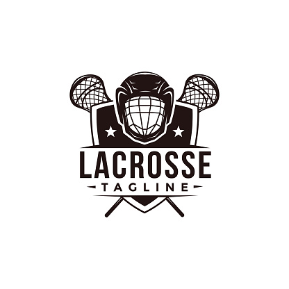 Vintage seal badge lacrosse sport with crossed lacrosse stick, shield and helmet vector icon on white background