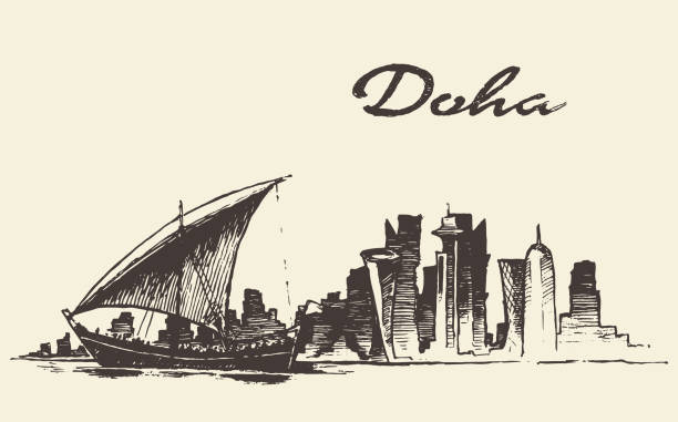 Doha skyline Dhow Qatar vector hand drawn sketch Doha skyline with Dhow Qatar vector illustration hand drawn sketch dhow stock illustrations