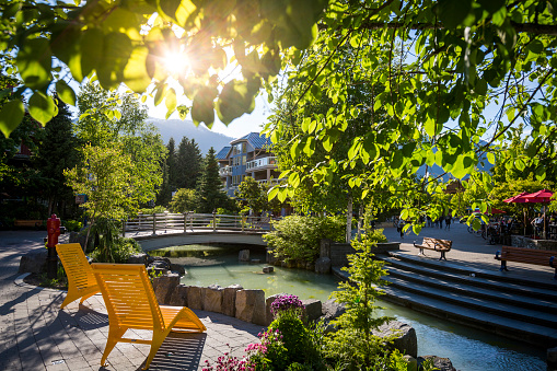 View of Whistler Village in summer. Canada's top tourist destinations. Best ski resorts to visit in summer.