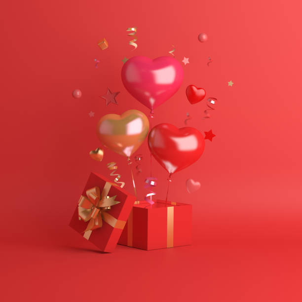 istock Happy valentines day decoration with gift box, heart shape balloon with copy space, 3D rendering illustration 1295725748