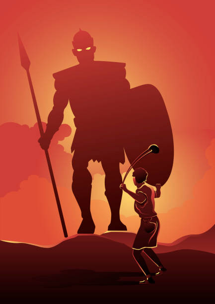 David and Goliath. Vector illustration An illustration of David facing Goliath in the battle field. Biblical Series giant fictional character illustrations stock illustrations