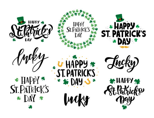 Happy Saint Patrick's day celebration illustration set. Happy Saint Patrick's day celebration illustration set. Hand drawn vector black lettering. Beer festival poster. Design for card, banner, mug, t-shirt. st patricks stock illustrations