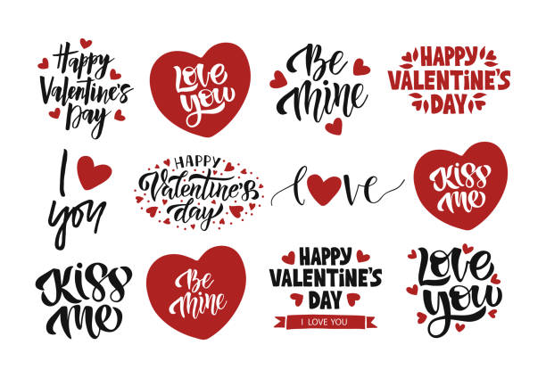 Valentines Day celebration lettering set. Vector template for greeting card. Valentines Day celebration lettering set. Vector template for greeting card. Hand drawn modern quote illustration with heart for advertising, invitation, mug, poster, flyer, t shirt. i love you stock illustrations