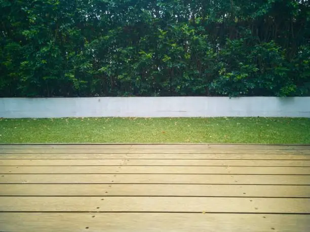 Photo of Contrast of colours and textures of smooth timber decking with green lawn and dark green hedge foliage in an urban backyard.