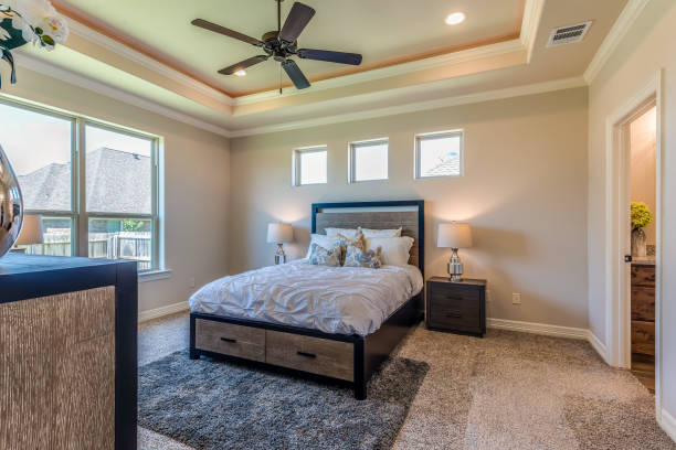 istock Coffered ceiling and fan in master bedroom 1295733159