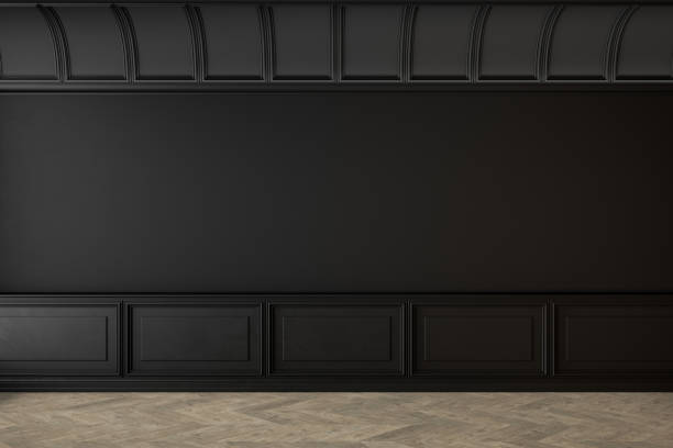 istock Black classic interior with blank wall, panel and moldings. 3d render illustration mock up. 1295734045