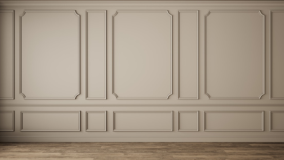 Interior clásico con pared en blanco, pannel, molduras. Maqueta de ilustración de renderización 3d. photo