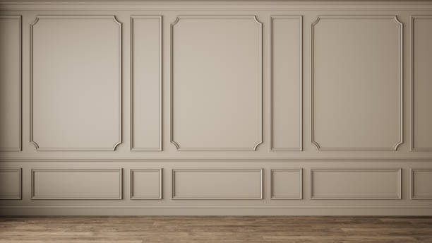 Classic interior with blank wall, pannel, moldings. 3d render illustration mock up. Classic interior with blank wall, pannel, moldings. 3d render illustration mock up. wood paneling retro stock pictures, royalty-free photos & images