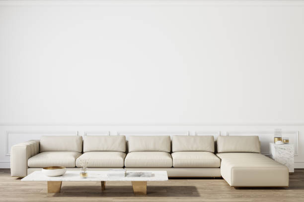 istock Modern classic white interior with beige sofa and decor. 3d render illustration mock up. 1295734802