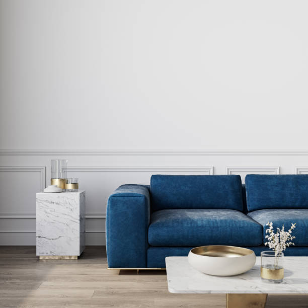 istock Modern classic white interior with blue sofa and decor. 3d render illustration mock up. 1295734831