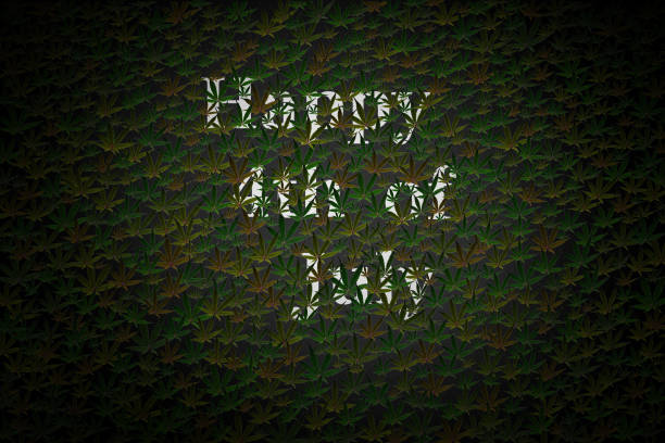 A Happy 4th of July sign made of multi colored marijuana leaves.
