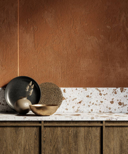 istock Orange kitchen interior with terrazzo countertop and decor. 3d render illustration mock up. 1295734998