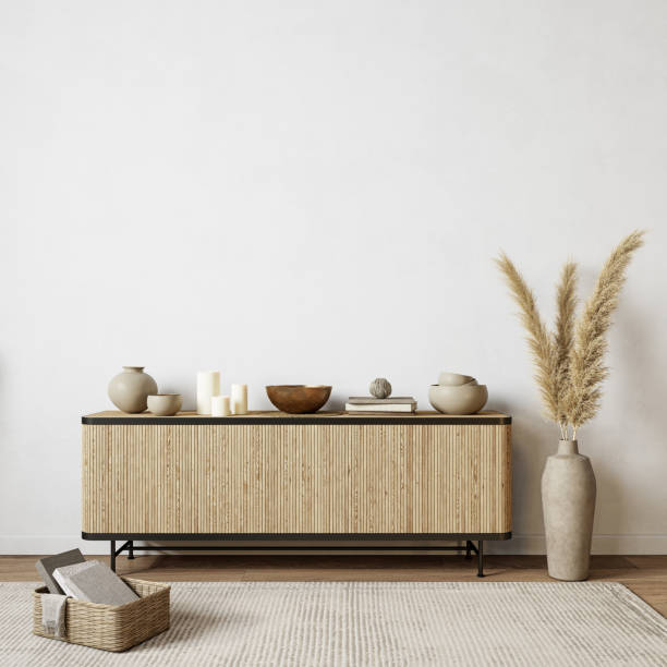 istock White interior with dresser and decor. 3d render illustration background mock up. 1295735496