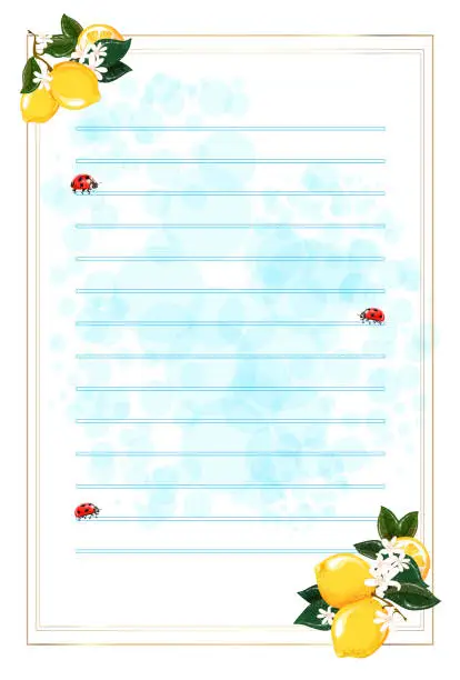 Vector illustration of Blank striped paper notes for writing messages with lemons background illustration. Green leaves and ladybugs.