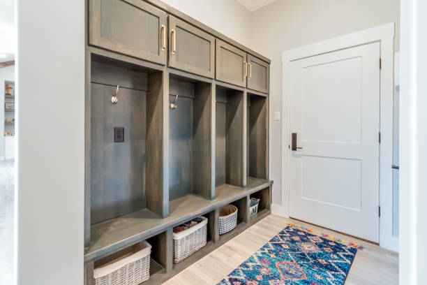 istock Mudroom with four coat hooks and cubbyholes 1295739197