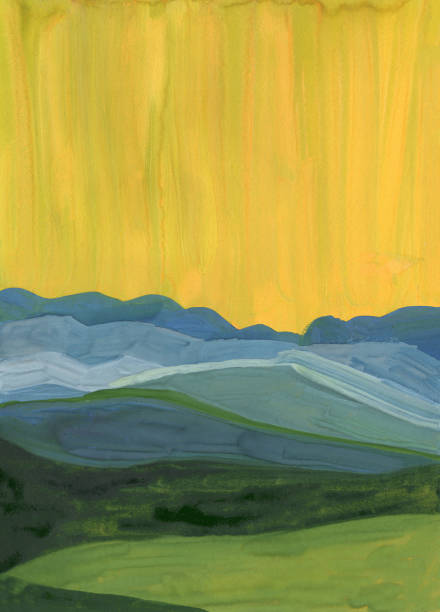 Hand drawn acrylic, oil or gouache painting. Yellow sunny sky. Blue, white and green mountain silhouette. Snowy peaks. Green field or meadow Textured background. Nature and ecology. Post card, posters Hand drawn acrylic, oil or gouache painting. Yellow sunny sky. Blue, white and green mountain silhouette. Snowy peaks. Green field or meadow Textured background. Nature and ecology. Post card, posters acrylic painting illustrations stock illustrations