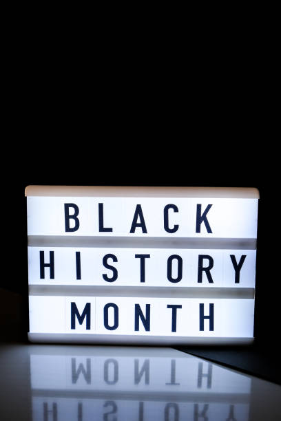 istock Lightbox with text BLACK HISTORY MONTH on dark black background with mirror reflection. Message historical event 1295743385