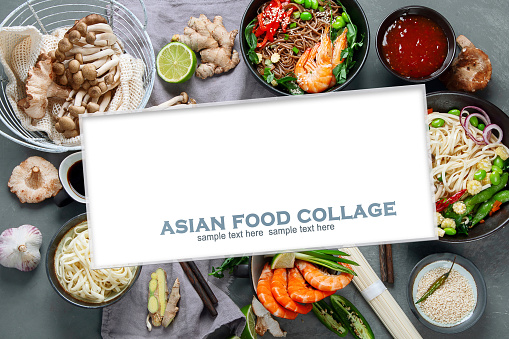 Collage of various asian meals. Asian food concept. Chinese or Thai cuisine.