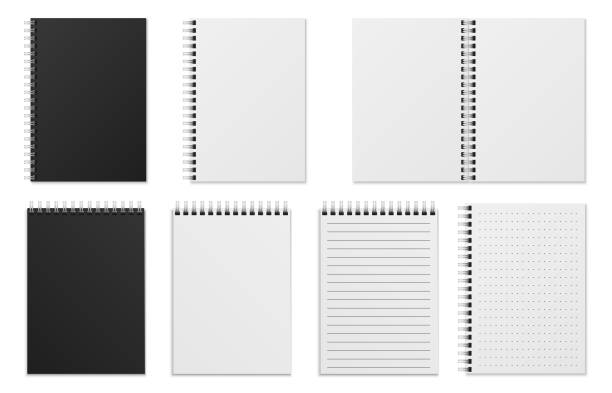 Open and closed notebook. Blank realistic spiral binder notepad or sketchbook. White sheets, checkered and ruled pages, black cover top view, office stationery mockup vector illustration Open and closed notebook. Blank realistic spiral binder notepad or sketchbook. White sheets, checkered and ruled pages, black soft cover top view, office stationery mockup vector isolated illustration report templates stock illustrations