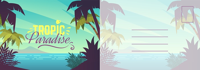 Travel postcard. Card with summer landscape, seaside, blue ocean and exotic palms. Tropical paradise and outdoor recreation letter template, vector invitation and greeting bright cartoon illustration
