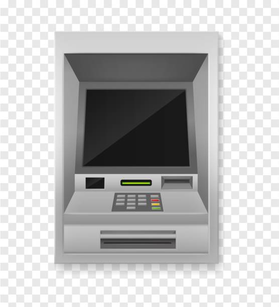 Atm terminal. Realistic payment machine front view, automated teller for finance service, banking electronic financial equipment, black empty screen, 3d vector isolated illustration Atm terminal. Realistic payment machine front view, automated teller for finance service, banking electronic financial equipment, black empty screen, metallic case, 3d vector isolated illustration exchange teller stock illustrations
