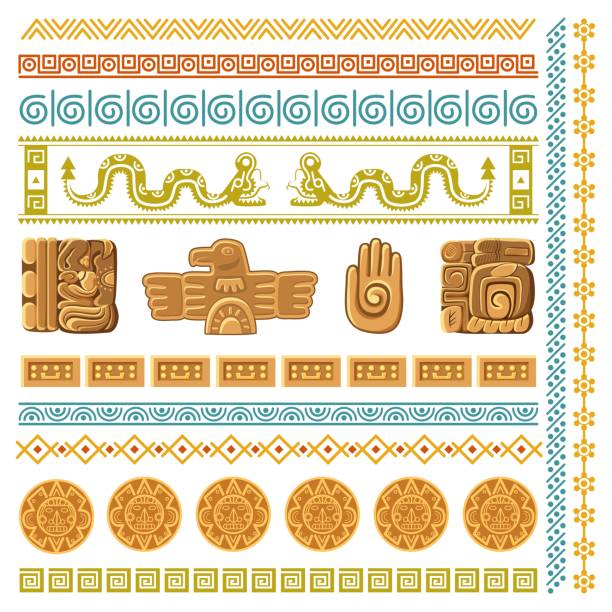 stockillustraties, clipart, cartoons en iconen met maya beschaving grafische patronen. azteekse decoratie elementen frames en grenzen, inca oude kunst symbolen en architectuur fragmenten mexico traditionele religie ornamenten vector set - maya