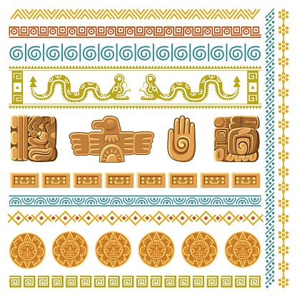 Maya civilization graphics patterns. Aztec decoration elements frames and borders, inca ancient art symbols and architecture fragments mexico traditional religion ornaments vector cartoon isolated set