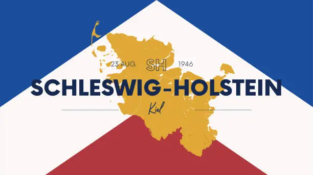 Vector illustration of 1 of 16 states of Germany with a name, capital and detailed vector Schleswig-Holstein map for printing posters, postcards and t-shirts