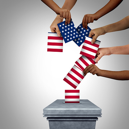 United States vote question and American community vote or US voting uncertainty concept as diverse hands casting USA ballots at a polling station as a democracy idea with 3D illustration elements.