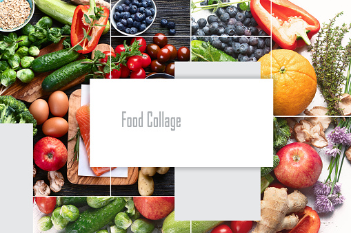Collage of healthy diet background. Clean and detox eating. Top view, flat lay with copy space\