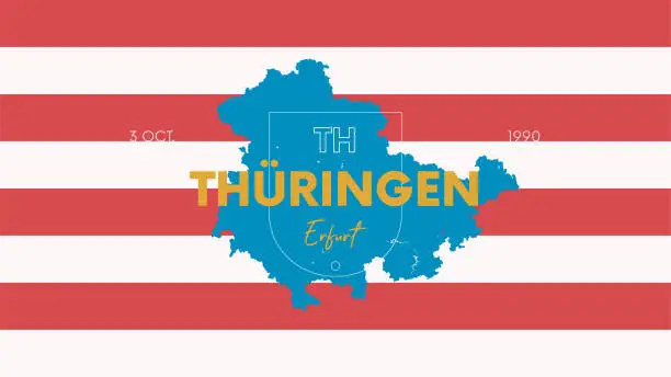 Vector illustration of 14 of 16 states of Germany with a name, capital and detailed vector Thüringen map for printing posters, postcards and t-shirts