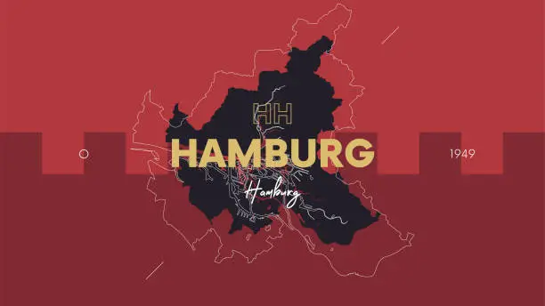 Vector illustration of 2 of 16 states of Germany with a name, capital and detailed vector Hamburg map for printing posters, postcards and t-shirts