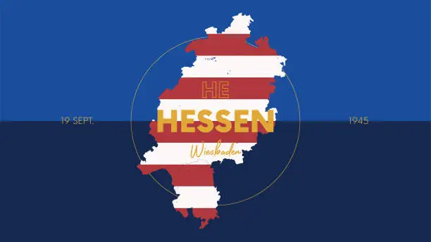 Vector illustration of 10 of 16 states of Germany with a name, capital and detailed vector Hessen map for printing posters, postcards and t-shirts