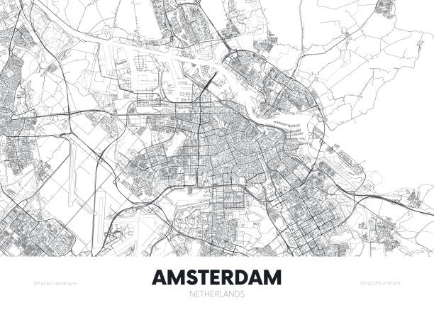 stockillustraties, clipart, cartoons en iconen met stadskaart amsterdam nederland, reisposter gedetailleerd stedelijk stratenplan, vectorillustratie - amsterdam