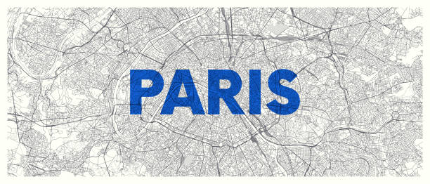 ilustraciones, imágenes clip art, dibujos animados e iconos de stock de mapa de la ciudad de parís, cartel vectorial de pantalla ancha de plan de carretera detallado - paris