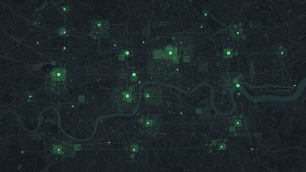 футуристические технологии и концепция сетевого соединения, виртуальная база данных большого умного города, цифровая визуализация больши - global positioning system direction satellite map stock illustrations