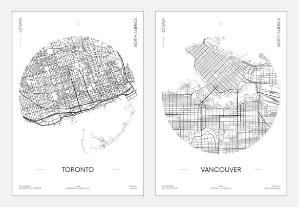 Travel poster, urban street plan city map Toronto and Vancouver, vector illustration Travel poster, urban street plan city map Toronto and Vancouver, vector illustration british columbia map cartography canada stock illustrations