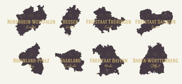 이름과 자본이 있는 독일의 2개의 매우 상세한 지도 벡터 실루엣 상태 2개 세트 - bayern stock illustrations