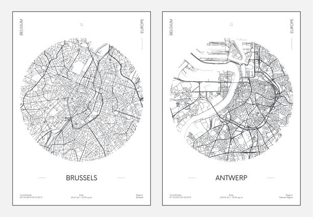ilustrações de stock, clip art, desenhos animados e ícones de travel poster, urban street plan city map brussels and antwerp, vector illustration - brussels