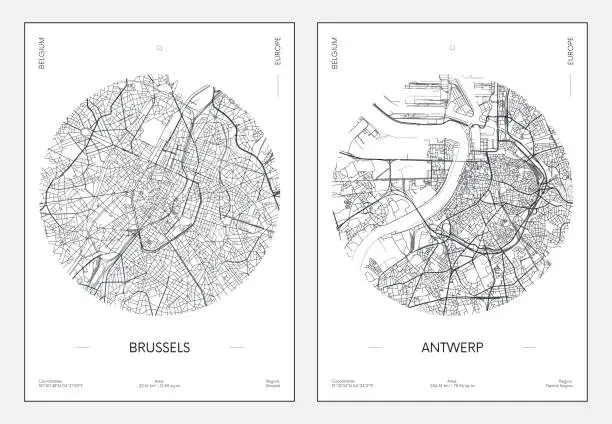 Vector illustration of Travel poster, urban street plan city map Brussels and Antwerp, vector illustration