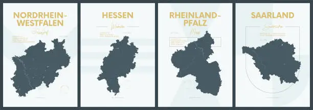 Vector illustration of Vector posters with highly detailed silhouettes maps states of Germany - Nordrhein-Westfalen, Hessen, Rheinland-Pfalz, Saarland - set 3 of 4