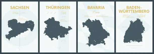Vector illustration of Vector posters with highly detailed silhouettes maps states of Germany - Sachsen, Thüringen, Bavaria, Baden-Württemberg - set 4 of 4