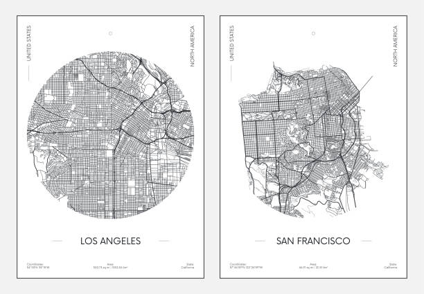 illustrazioni stock, clip art, cartoni animati e icone di tendenza di poster di viaggio, mappa urbana della città del piano stradale los angeles e san francisco, illustrazione vettoriale - map san francisco bay area san francisco county cartography