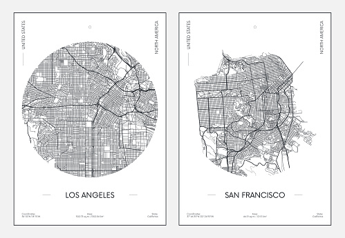 Travel poster, urban street plan city map Los Angeles and San Francisco, vector illustration
