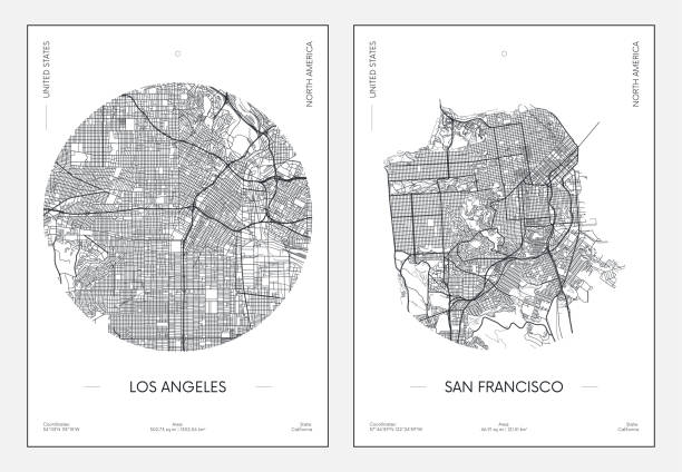 Travel poster, urban street plan city map Los Angeles and San Francisco, vector illustration Travel poster, urban street plan city map Los Angeles and San Francisco, vector illustration los angeles stock illustrations