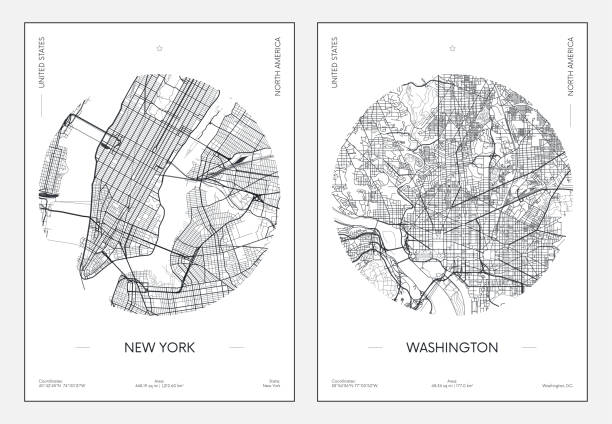 ilustraciones, imágenes clip art, dibujos animados e iconos de stock de cartel de viaje, mapa urbano de la ciudad de plan de calles nueva york y washington, ilustración vectorial - manhattan