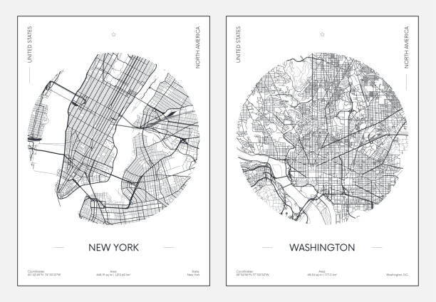 ilustrações de stock, clip art, desenhos animados e ícones de travel poster, urban street plan city map new york and washington, vector illustration - washington dc