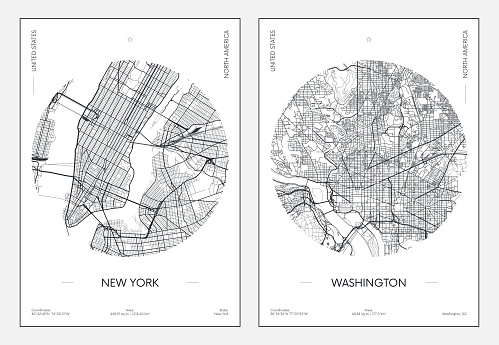 Travel poster, urban street plan city map New York and Washington, vector illustration