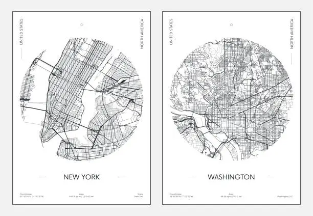 Vector illustration of Travel poster, urban street plan city map New York and Washington, vector illustration