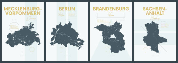 Vector posters with highly detailed silhouettes maps states of Germany - Mecklenburg-Vorpommern, Berlin, Brandenburg, Sachsen-Anhalt - set 2 of 4 Vector posters with highly detailed silhouettes maps states of Germany - Mecklenburg-Vorpommern, Berlin, Brandenburg, Sachsen-Anhalt - set 2 of 4 brandenburg state stock illustrations